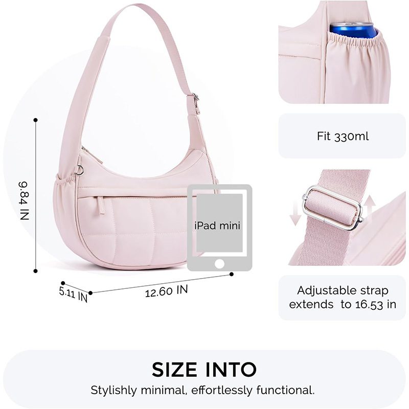 An open pink bag showing the internal layout with a main compartment an inner zip pocket and two mesh pockets alongside a rear zip pocket view.