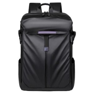 01 black waterproof oxford backpack with top flap and front pocket