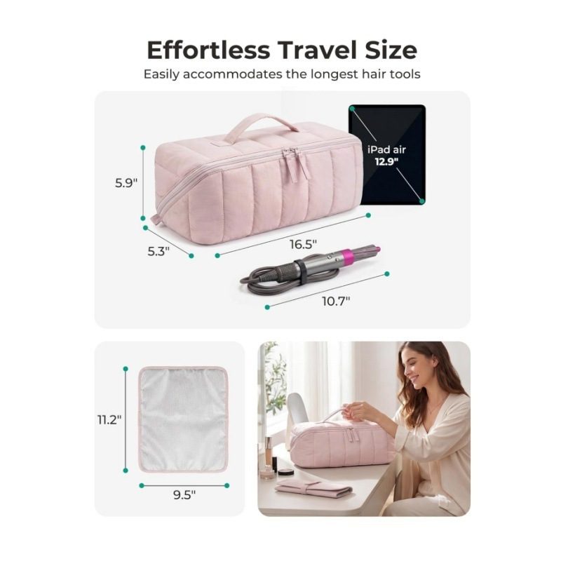 Wholesale Hair Tool Travel Bag A dimension diagram showing the pink bag length next to a curling iron and an iPad alongside a picture of the flat mat size.