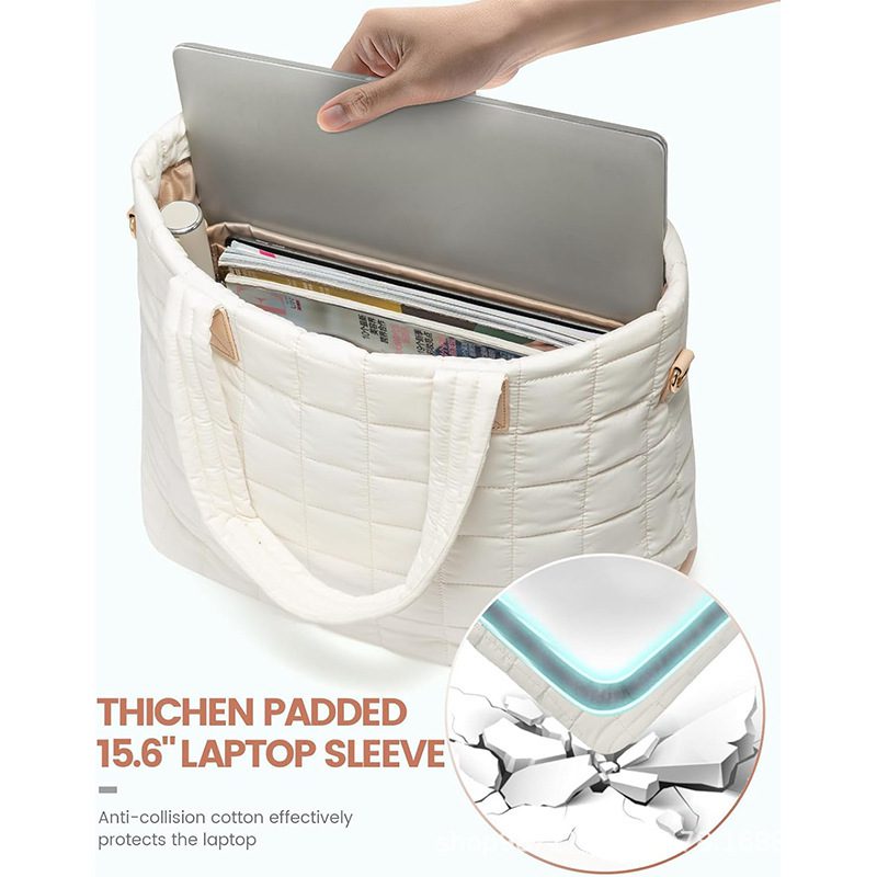 An open white bag with a hand inserting a laptop into the padded sleeve and a graphic showing anti collision cotton protecting the screen.