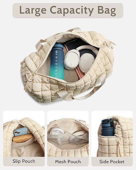 An open beige bag showing a large capacity interior filled with a water bottle headphones and clothes alongside close ups of its inner pockets.