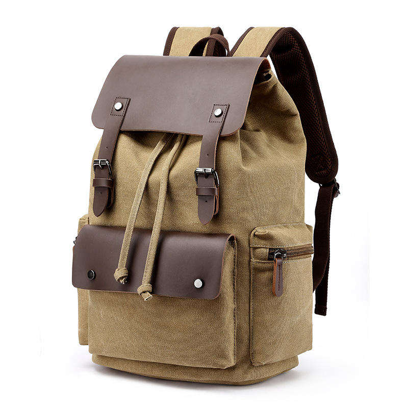 02 b brown Vintage style meets modern function . this 16A washed canvas backpack features a microfiber leather flap, drawstring closure, and a 36-55L capacity that fits a 15 inch laptop . Available in 6 colors ,perfect for commuting and college.
