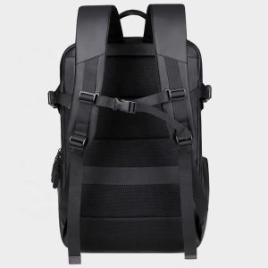 Waterproof travel backpack with luggage strap back view of black backpack