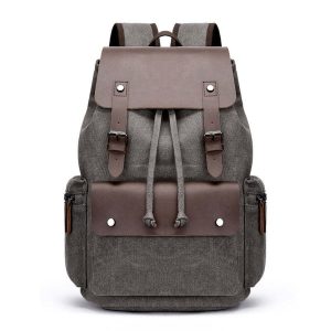 Grey vintage canvas backpack with microfiber leather flap