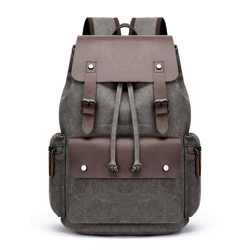 03 Grey vintage canvas backpack with microfiber leather flap