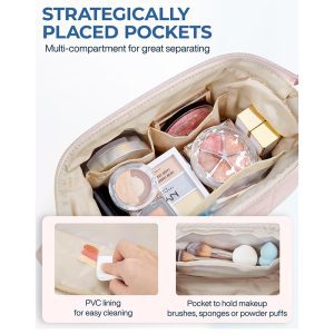 An open pink cosmetic bag filled with makeup including compacts palettes and brushes showing the interior layout.