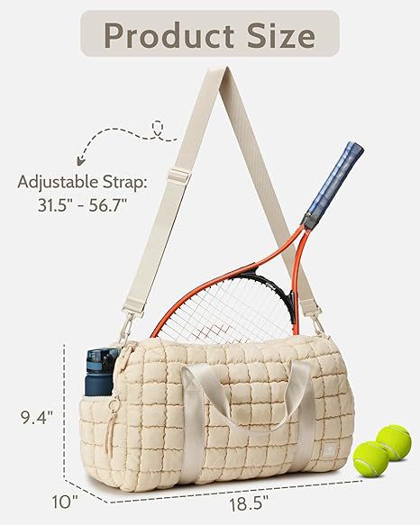 A dimension diagram of the beige bag next to a tennis racket showing its size and adjustable strap length.
