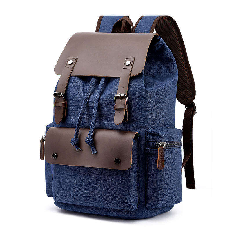 03 c blue Vintage style meets modern function . this 16A washed canvas backpack features a microfiber leather flap, drawstring closure, and a 36-55L capacity that fits a 15 inch laptop . Available in 6 colors ,perfect for commuting and college.