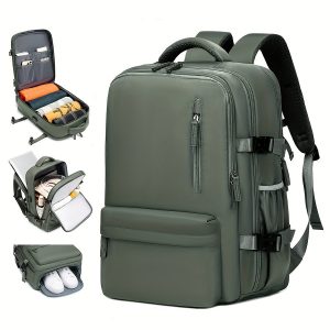 Green business travel backpack with anti-theft pocket and side pockets