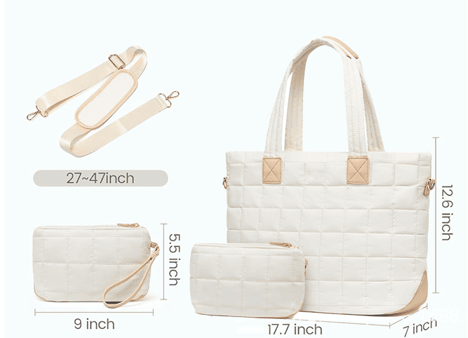 A collage showing the white bag weighing 0.99 lbs with a detachable crossbody strap and dimension labels for the bag and small pouch.