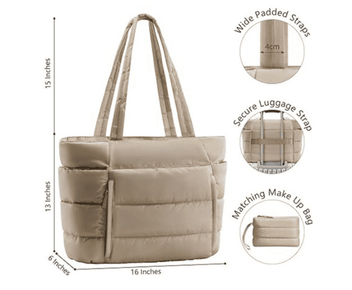 A dimension diagram of the beige bag showing it is 16 by 13 by 6 inches with a 15 inch strap alongside close ups of the straps and luggage sleeve.
