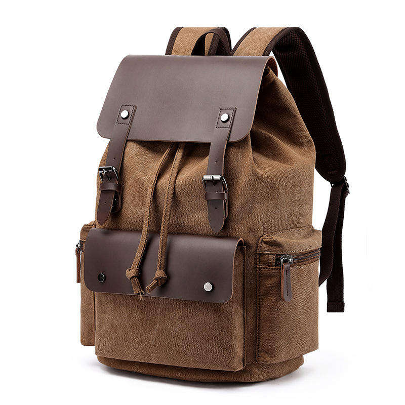 04 d Brown Vintage style meets modern function . this 16A washed canvas backpack features a microfiber leather flap, drawstring closure, and a 36-55L capacity that fits a 15 inch laptop . Available in 6 colors ,perfect for commuting and college.