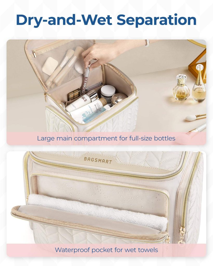 An open bag displaying a large main compartment with bottles and a separate waterproof pocket holding a wet towel.