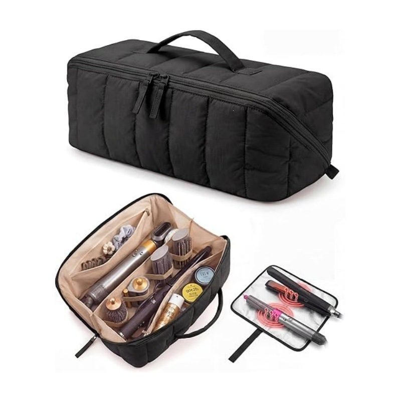 05 A black quilted travel bag shown closed and open displaying hair tools secured by elastic bands and a separate flat mat.