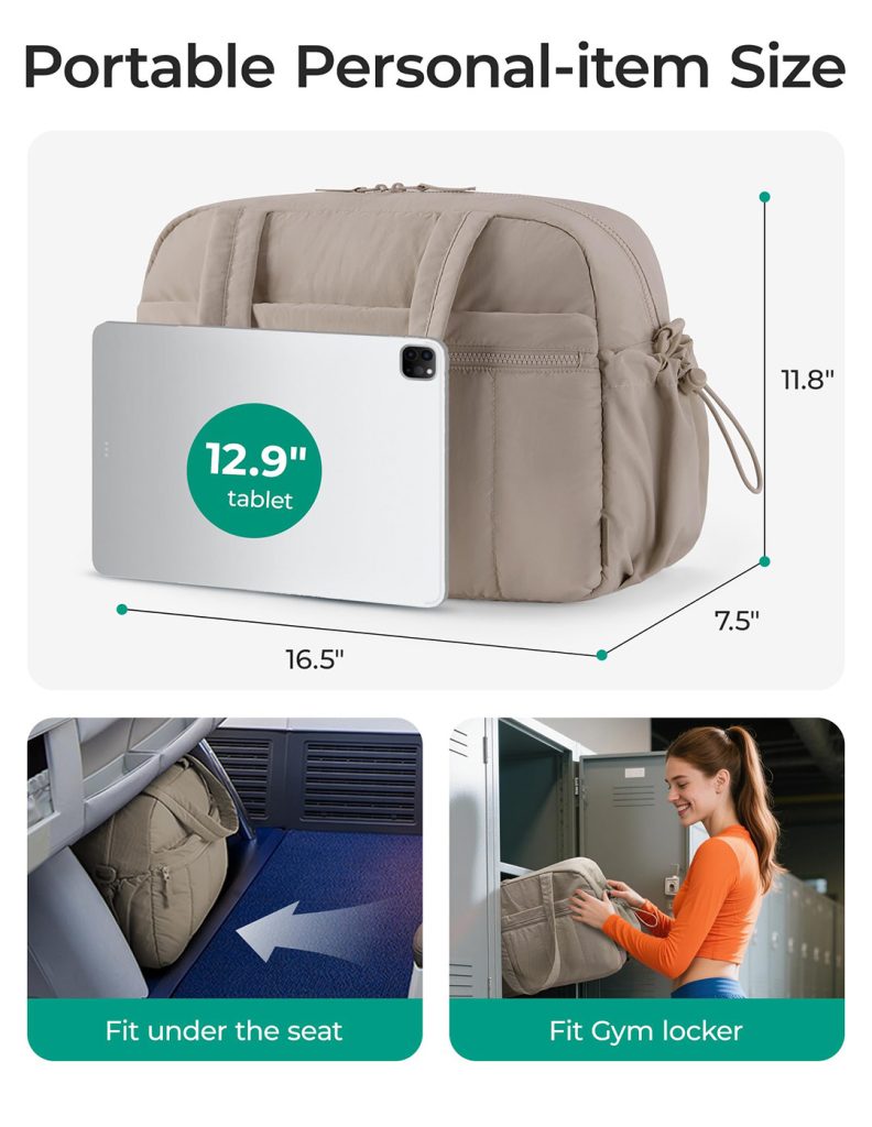 A diagram showing the beige bag dimensions of 16.5 by 11.8 by 7.5 inches alongside a tablet and images of it fitting under a seat.