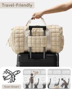 The beige duffle bag secured onto a suitcase handle with a diagram showing it fits under an airplane seat.