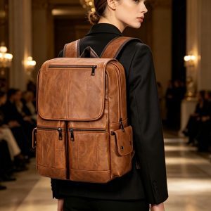 women wearing vintage leather backpack in business suit