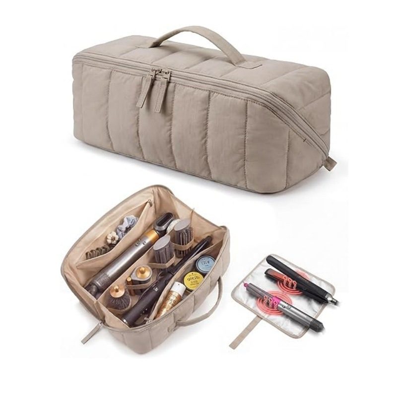06 A khaki quilted travel bag shown closed and open displaying hair tools secured by elastic bands and a separate flat mat.