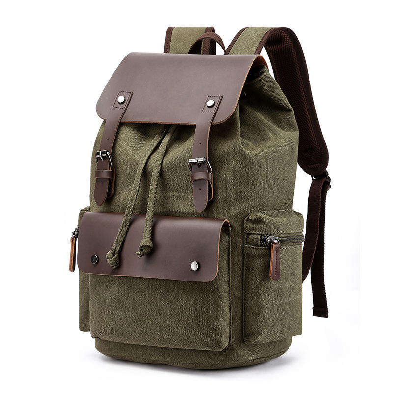 06 f Vintage style meets modern function . this 16A washed dark green canvas backpack features a microfiber leather flap, drawstring closure, and a 36-55L capacity that fits a 15 inch laptop . Available in 6 colors ,perfect for commuting and college.