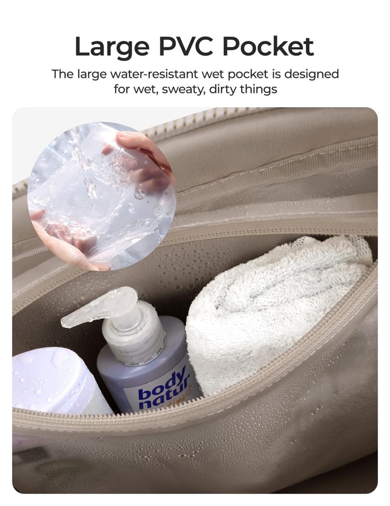 An open bag showing a clear PVC pocket containing a towel and toiletries with water droplets indicating its water resistant quality.