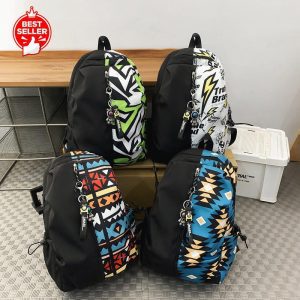 Geometric print backpacks available in green, white, red and blue ethnic patterns