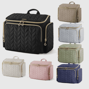 Home A collage showing the rectangular quilted cosmetic bag in black white pink beige green and navy blue.