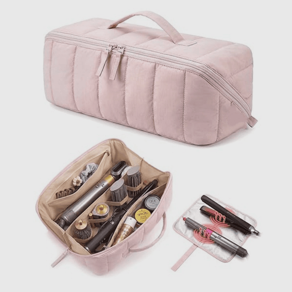 未标题 3 A light pink quilted travel bag shown closed and open displaying hair tools secured by elastic bands and a separate flat mat.