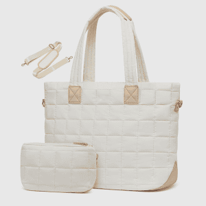 Home A white quilted tote bag with a matching small pouch and a detachable shoulder strap on a white background.