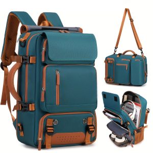A multi-function travel backpack in dark green color opening ,and can see a shoe and large capacity .