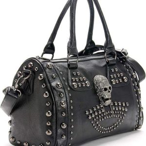 Black studded skull purse with top handles and silver rivets
