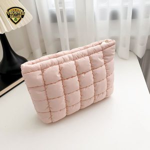 pink puffer quilted handbag with soft cotton texture