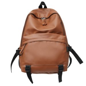 01 coffee inimalist PU leather backpack with zipper closure and bottom buckles