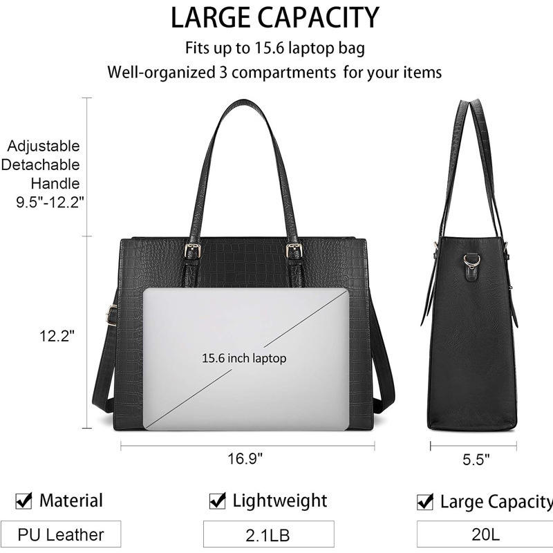 A diagram showing the bag dimensions 16.9 by 12.2 by 5.5 inches and a 15.6 inch laptop fitting inside.