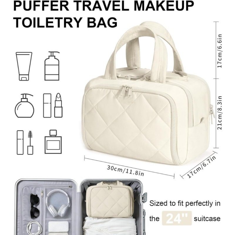 A beige quilted travel bag with dimensions labeled next to toiletry icons and an image showing it fitting inside a suitcase.