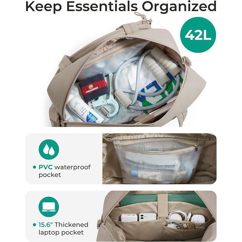 An open beige sports bag showing 42L capacity filled with gear alongside close ups of the PVC waterproof pocket and 15.6 inch laptop sleeve.