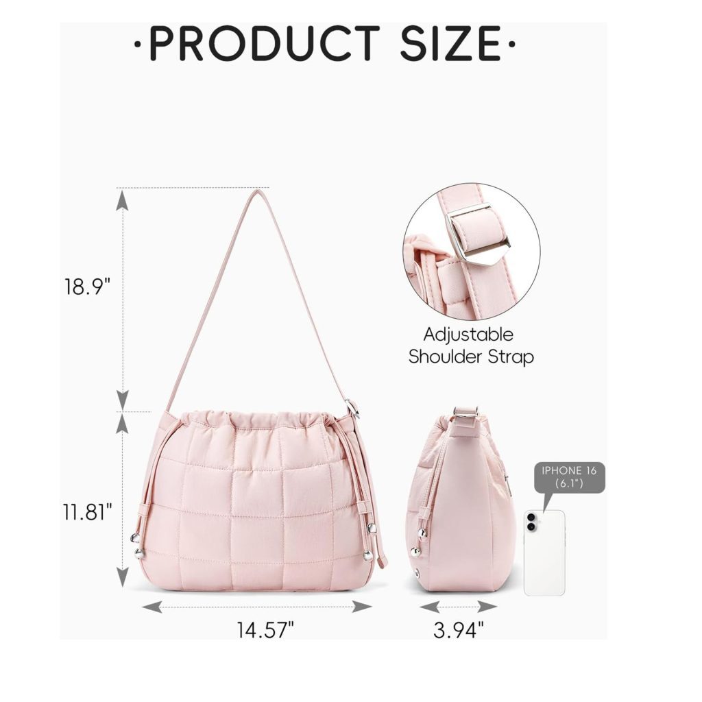 A dimension diagram of the pink bag showing it is 14.57 by 11.81 by 3.94 inches with a close up of the adjustable strap buckle.