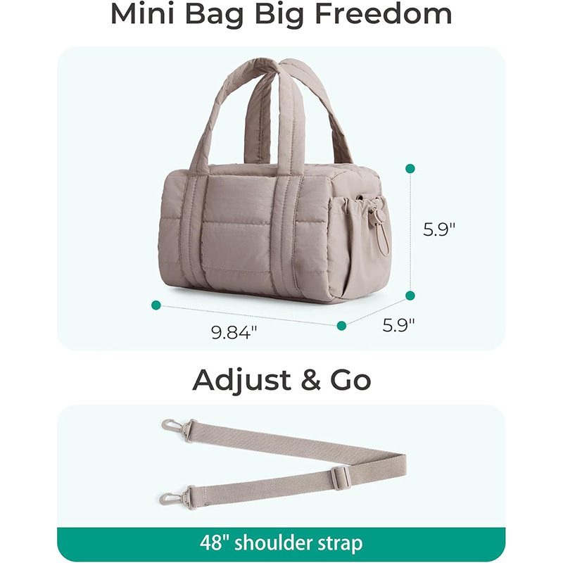 A dimension diagram of the beige bag showing it is 9.84 by 5.9 by 5.9 inches alongside an image of the detachable 48 inch shoulder strap.