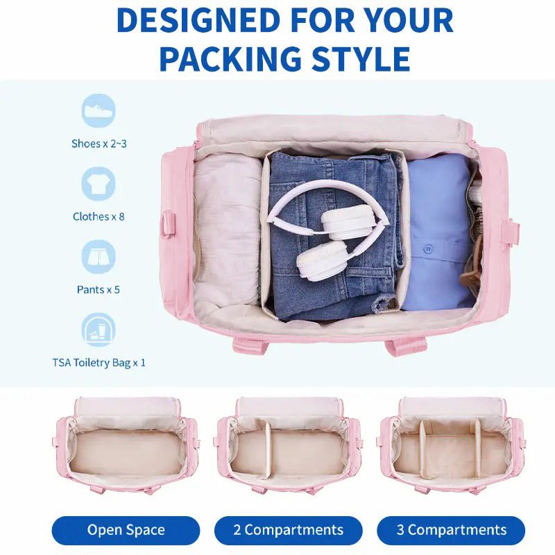 An open pink travel bag showing its interior packing capacity for clothes headphones and shoes alongside diagrams of its customizable open space and compartments.