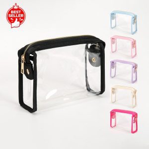 clear PVC cosmetic bags with colorful trim available in 7 colors