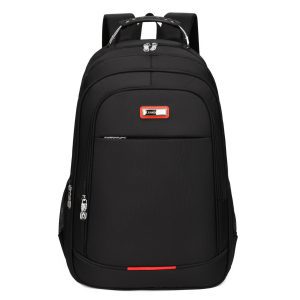 red oxford backpack with front zip pocket and reflective strip