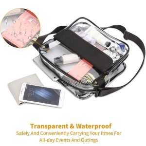 Waterproof transparent messenger bag with velcro pocket for travel and sports events.