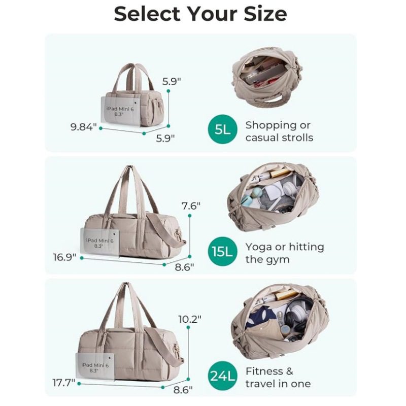A collage showing the beige bag in three sizes 5L 15L and 24L with dimensions and descriptions of their uses.