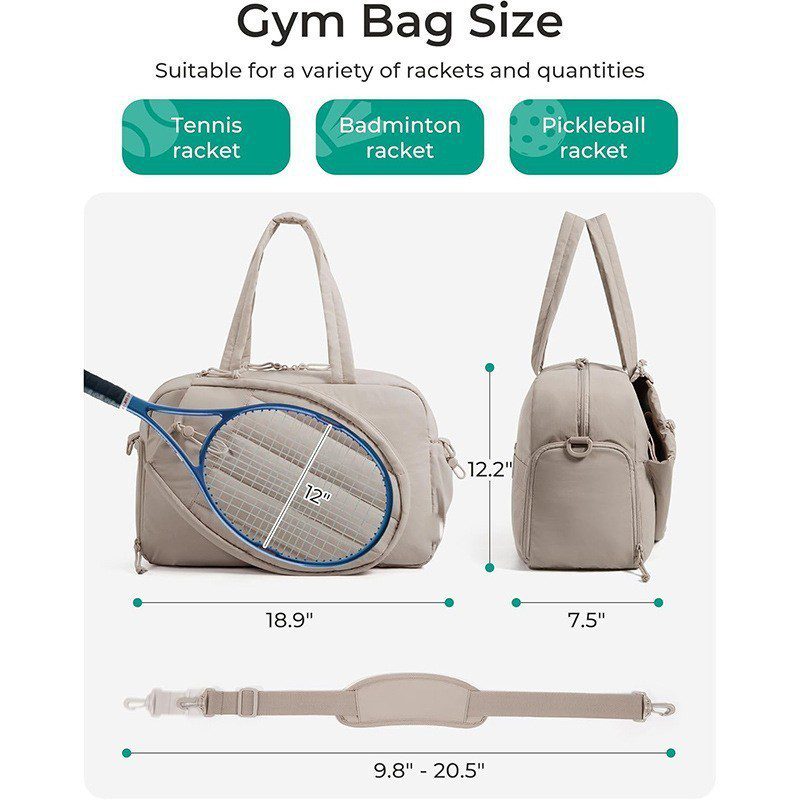 A dimension diagram of the beige bag showing it is 18.9 by 12.2 by 7.5 inches with a 12 inch racket pocket and detachable strap.