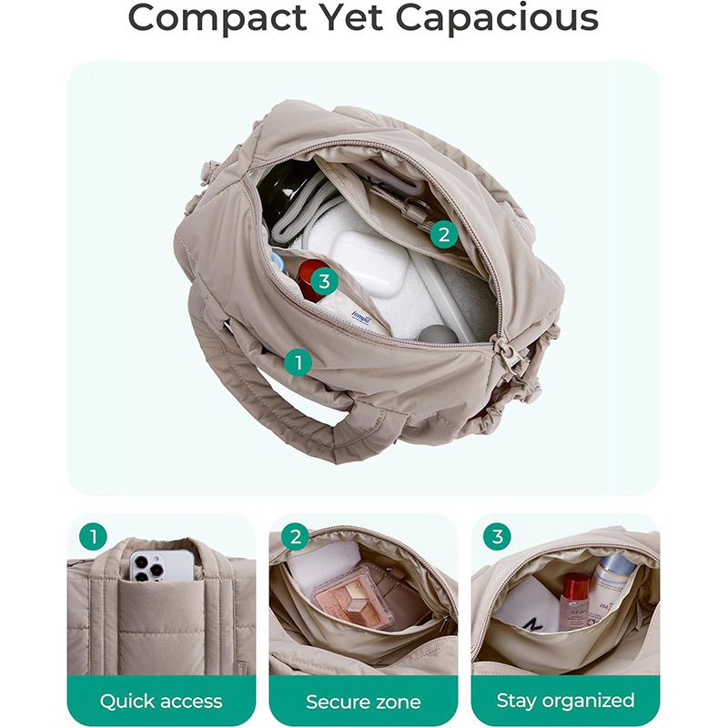 An open beige bag filled with items like a wallet and phone alongside close ups of its front pocket and interior compartments.