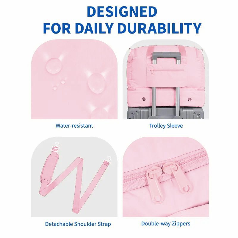 Close up details of the pink travel bag showing a water droplet on the water resistant fabric the trolley sleeve and the detachable shoulder strap.