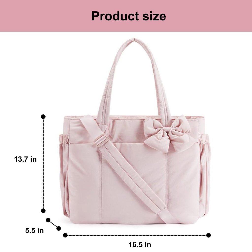 A dimension diagram of the pink bag showing it is 16.5 by 13.7 by 5.5 inches.