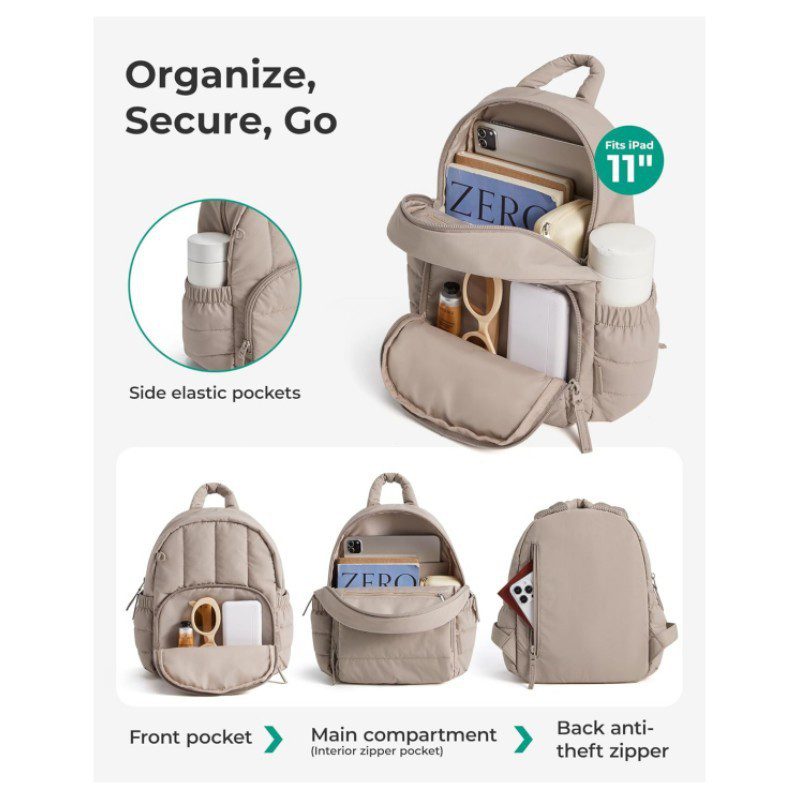 A beige quilted mini backpack floating on clouds with text indicating it weighs only 0.66 lbs.