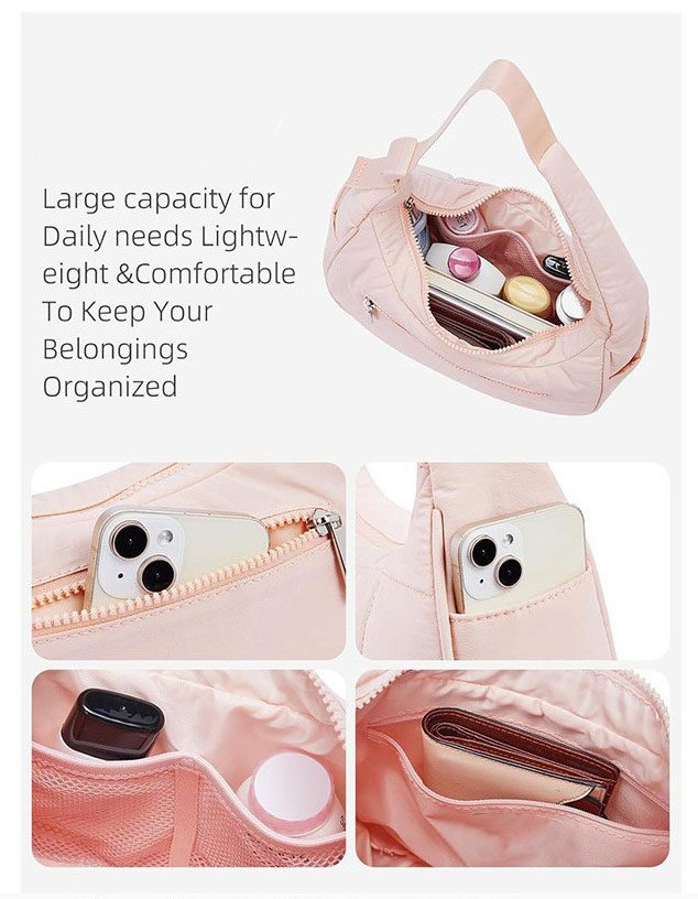 An open light pink quilted hobo bag showing interior items alongside four close ups of its interior mesh pocket zip pocket and exterior slip pocket. 