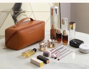  caramel cosmetic bag showing with many cosmetic 