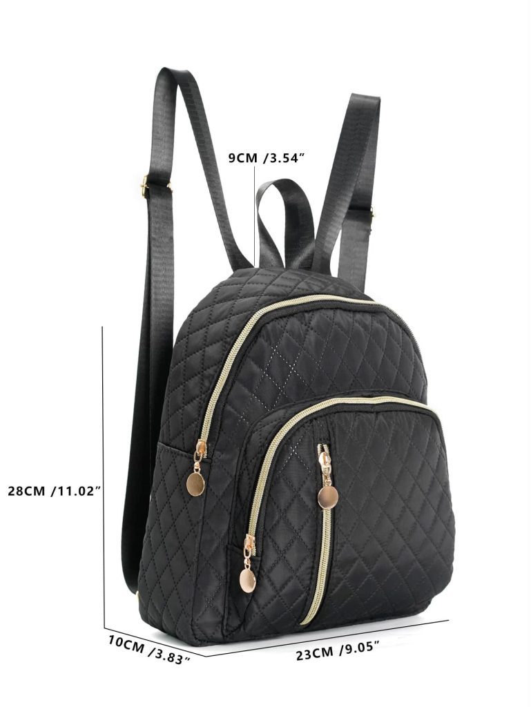 Custom Quilted Mini Backpack Nylon Daypack A side view of the black quilted mini backpack with dimension labels showing it is 11.02 by 9.05 by 3.83 inches.